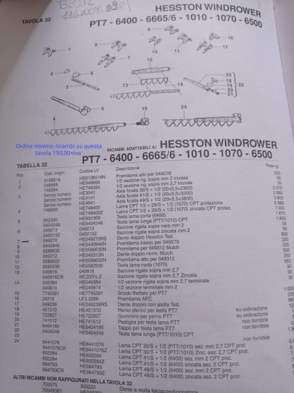 RICAMBI MIETITREBBIA HESSTON WINDROWER PT7-6400-6665/5-1010-1070-6500