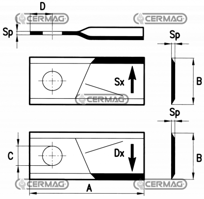 46080     Coltello sinistro per falciatrici rotative     Piatto 108x48 mm